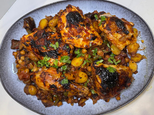 Saturday Sauce Roasted Chicken,  Potatoes, Eggplant & Chickpeas