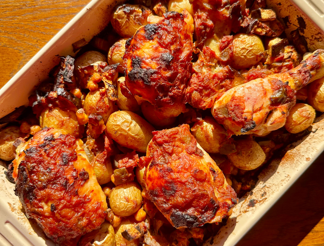 Saturday Sauce Roasted Chicken,  Potatoes, Eggplant & Chickpeas