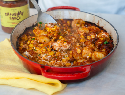 Baked Potato Gnocchi with Saturday Sauce, Corn & Feta