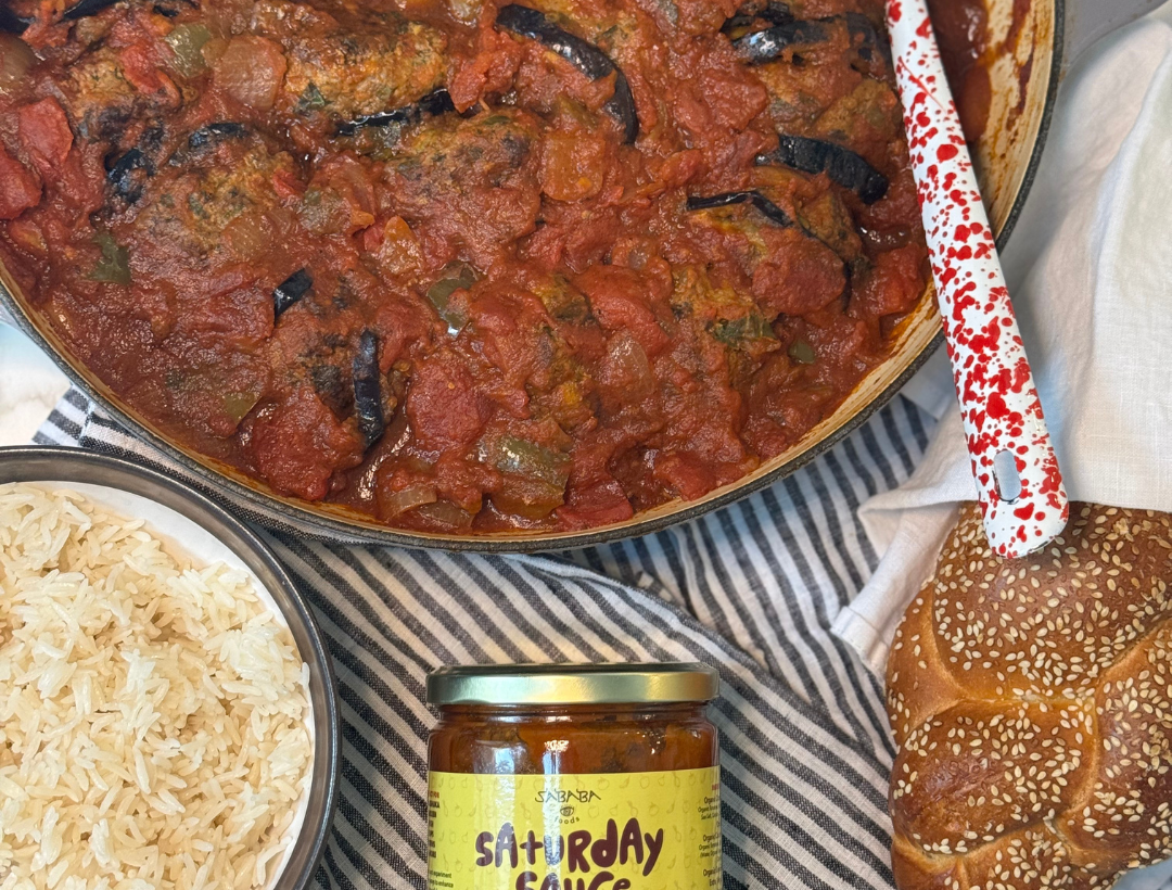 Beef Ktzitzot with Eggplants and Saturday Sauce